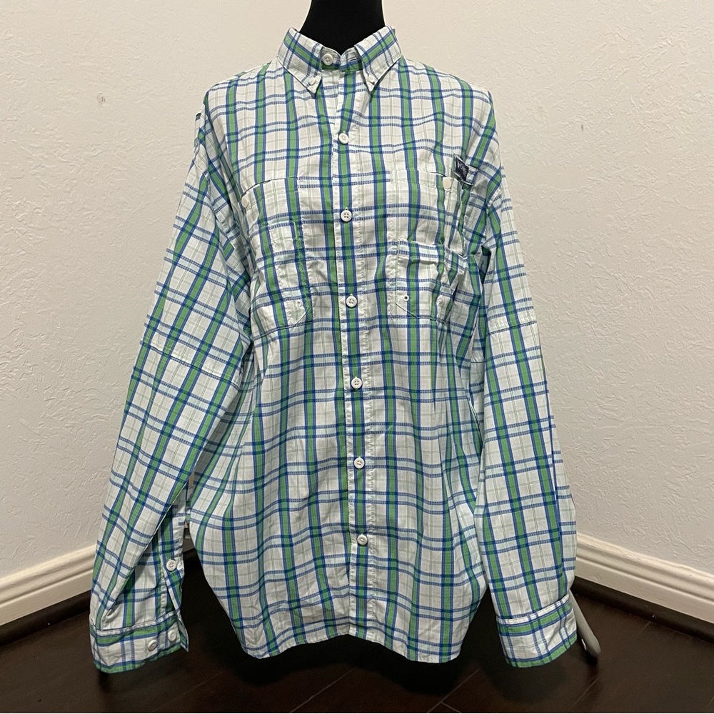 Columbia PFG Plaid White, Blue and Green Button-Down Shirt